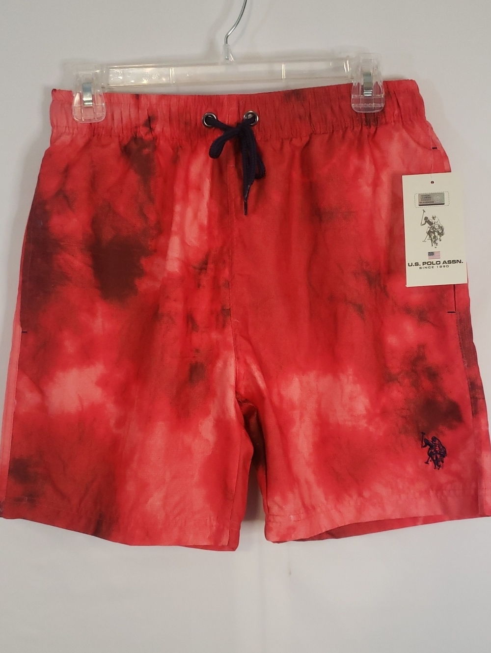 U.S. Polo Assn. Red Tie-Dye Design Swim Shorts with Navy Drawstring